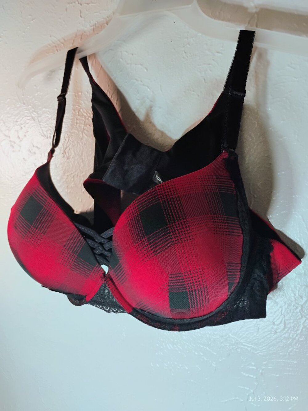 Torrid Curve Plunge Boost Underwire Bra – Black/Red Plaid Lace – Size 48B